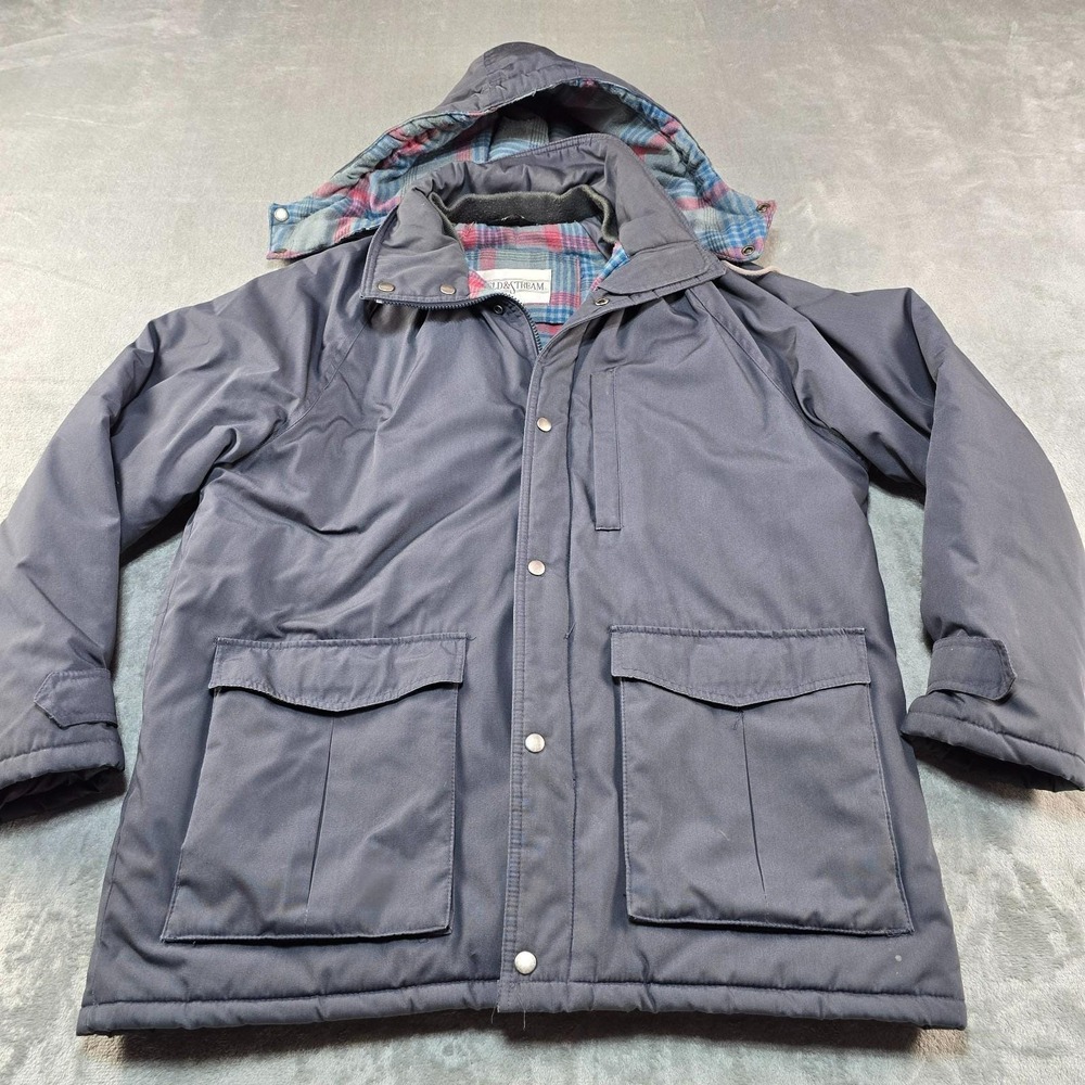 Vintage Field & Stream‎ Jacket Mens Large Gray Hooded Plaid Lined Outdoor Coat
